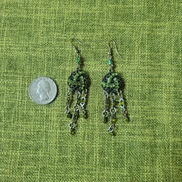 Green Rhinestone Dangly Earrings - Picture 2 of 3